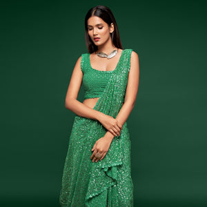 Mint Green Partywear Thread & Sequins Embroidered Georgette Saree