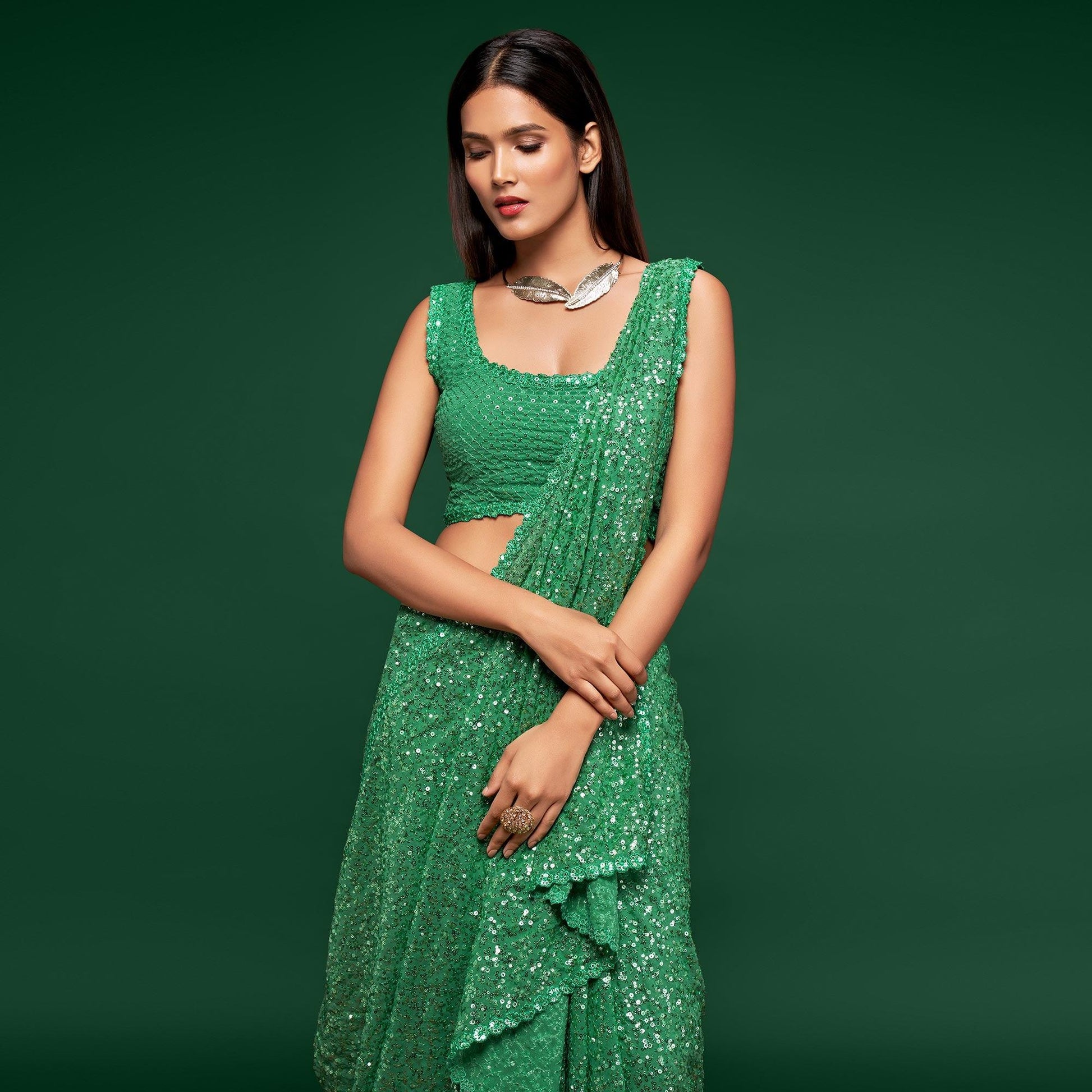Mint Green Partywear Thread & Sequins Embroidered Georgette Saree