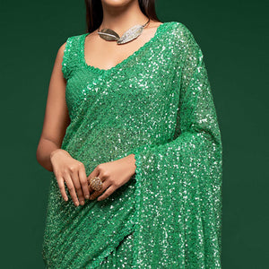 Mint Green Partywear Thread & Sequins Embroidered Georgette Saree