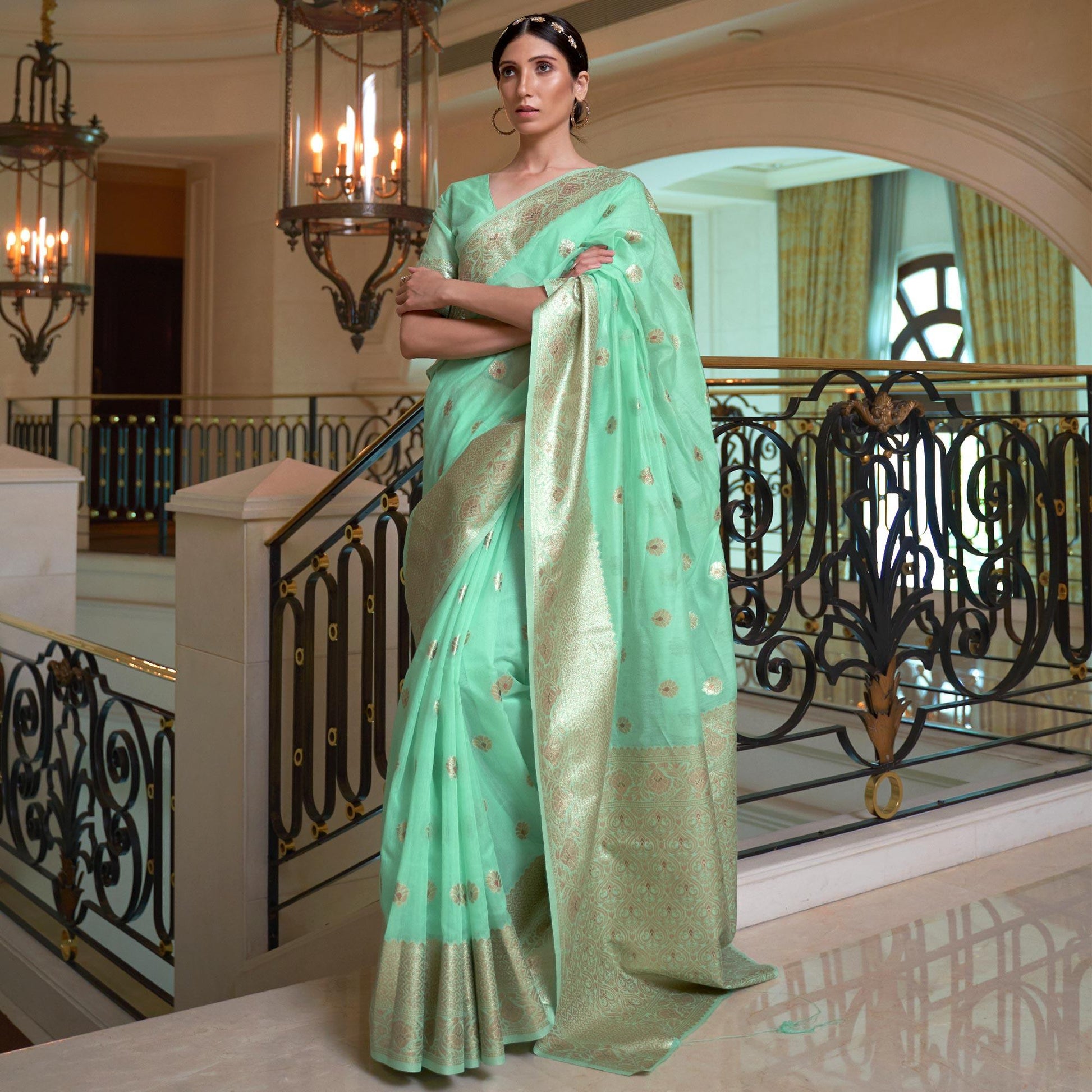 Mint Green Partywear Woven Chanderi Saree