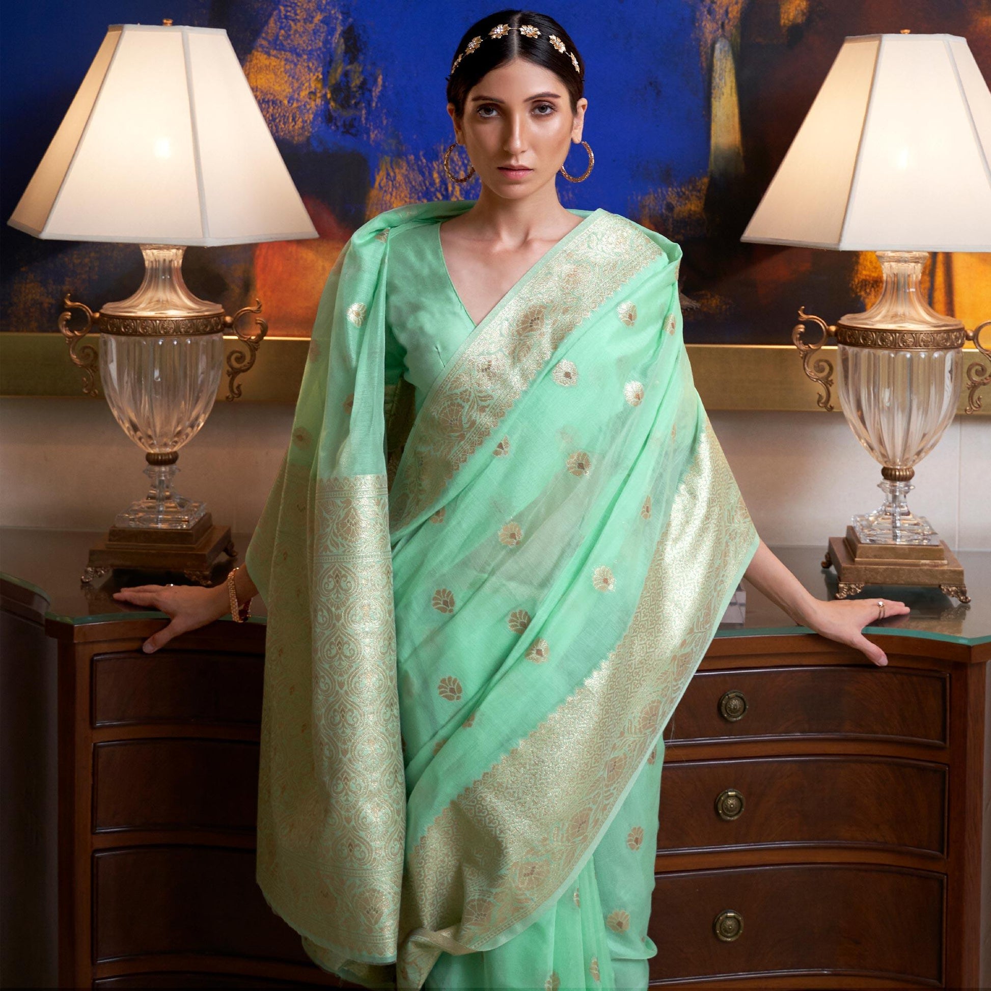 Mint Green Partywear Woven Chanderi Saree