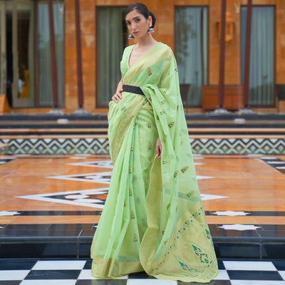 Mint Green Partywear Woven Pure Linen Saree