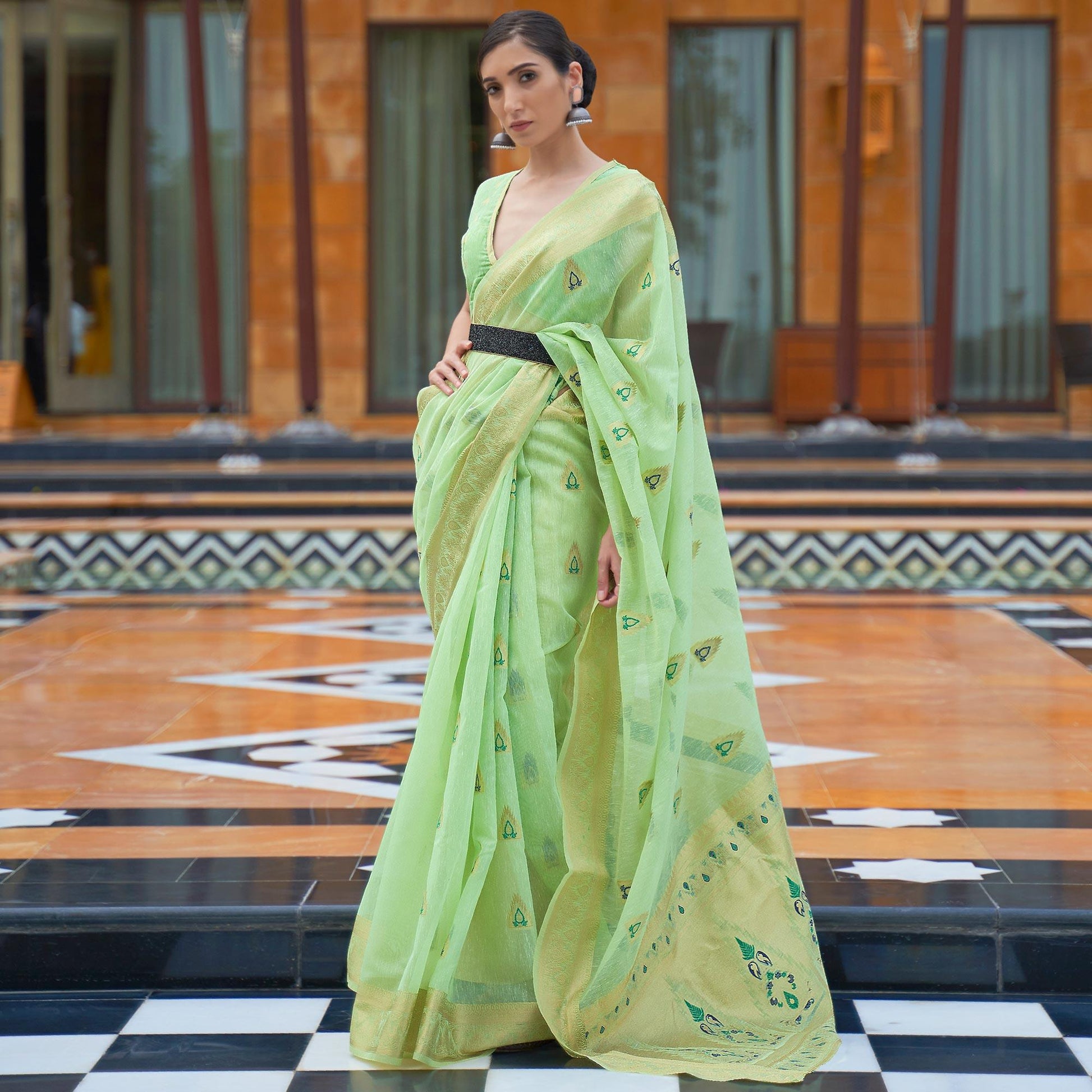 Mint Green Partywear Woven Pure Linen Saree