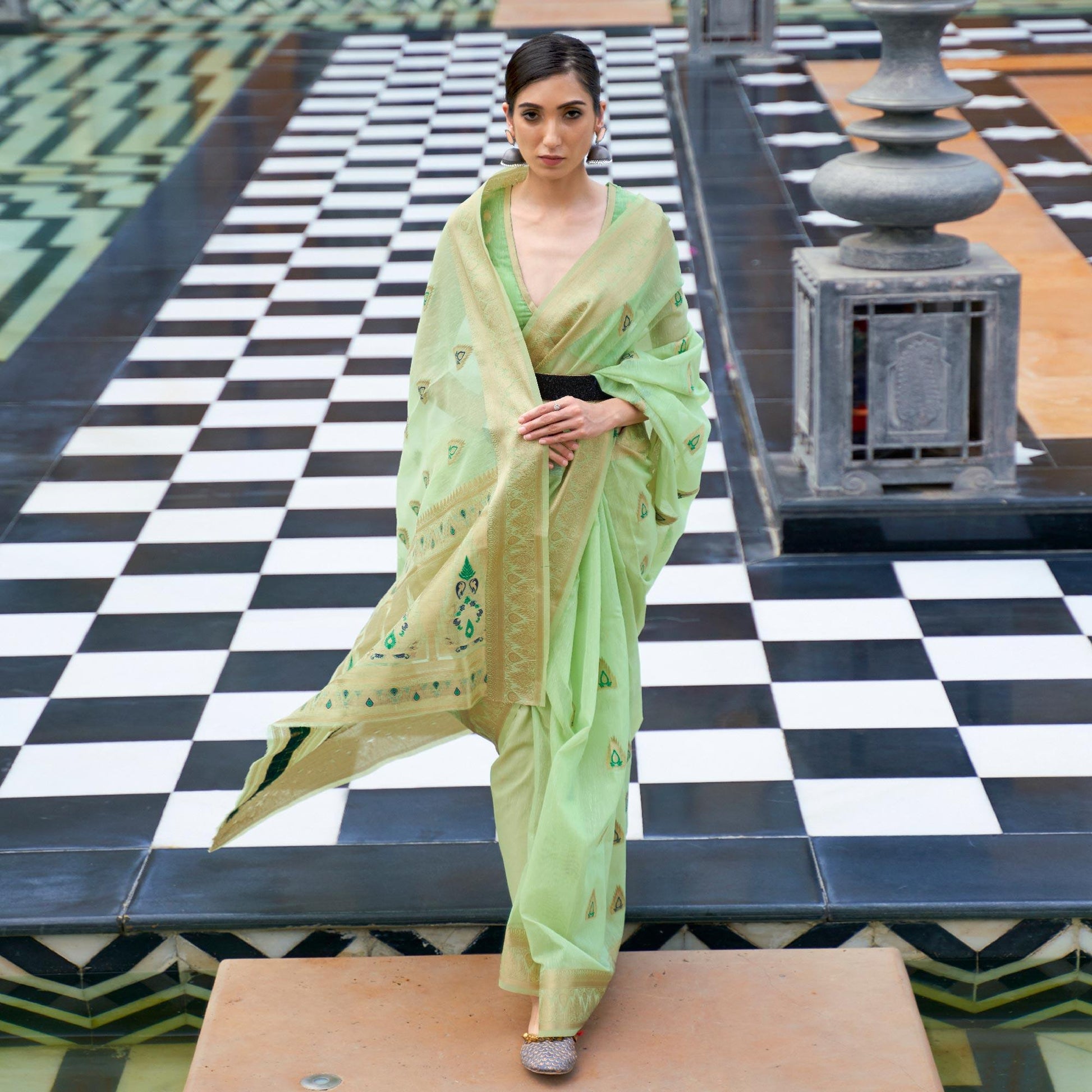 Mint Green Partywear Woven Pure Linen Saree