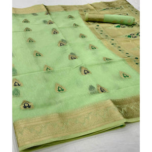 Mint Green Partywear Woven Pure Linen Saree