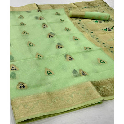 Mint Green Partywear Woven Pure Linen Saree