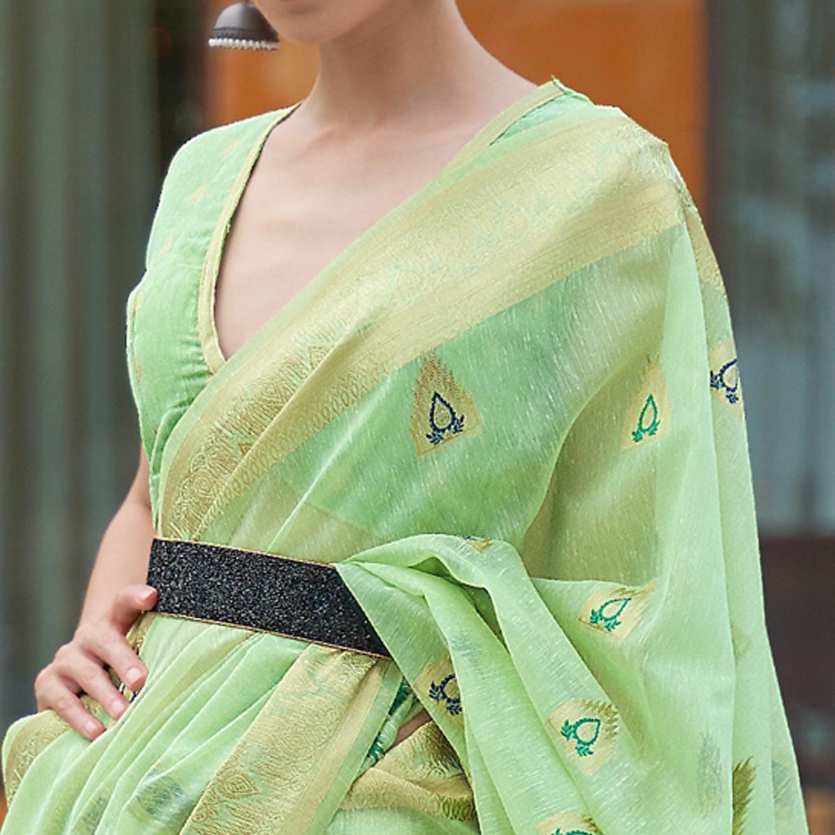 Mint Green Partywear Woven Pure Linen Saree
