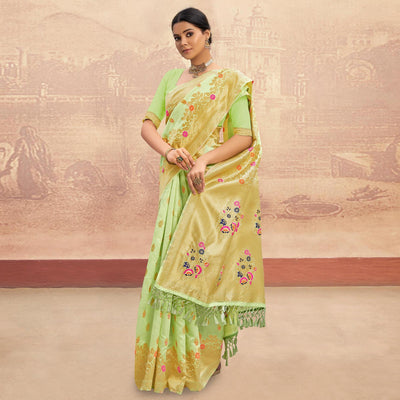 Mint Green Partywear Woven Silk Saree