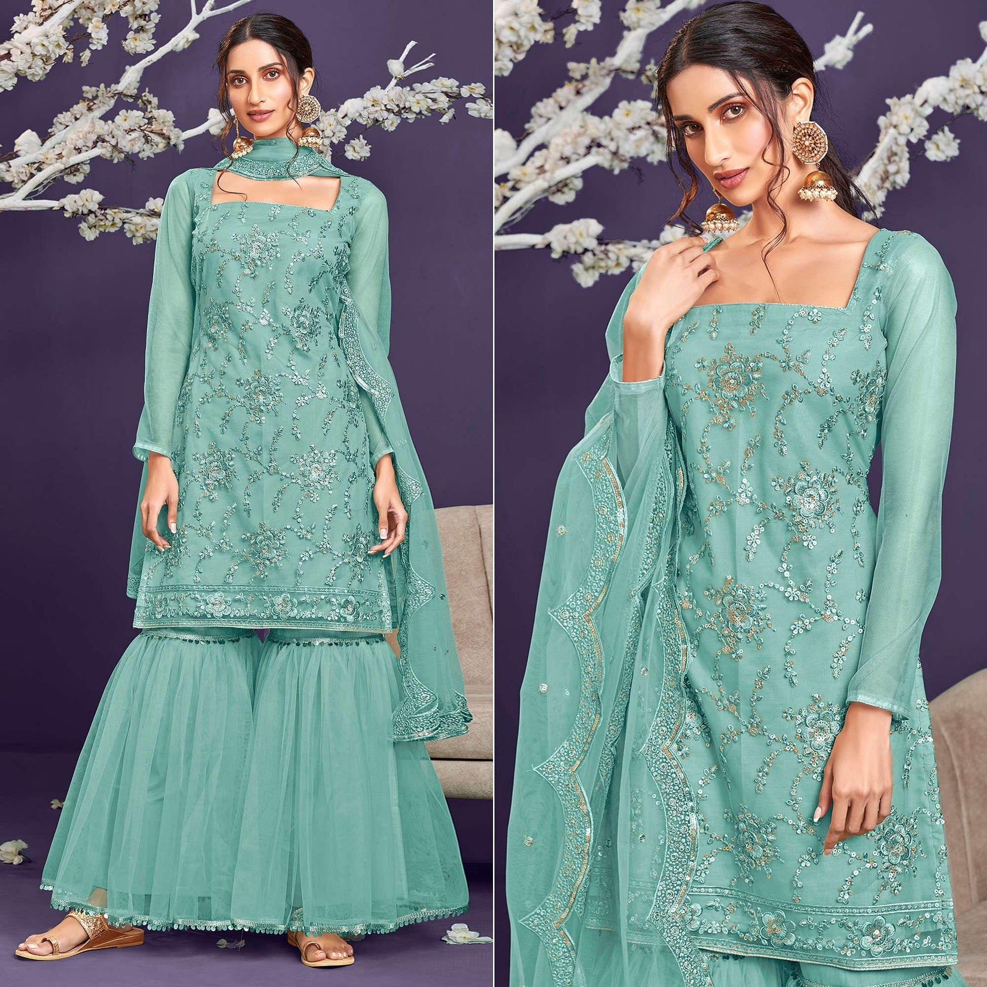 Mint Green Sequins Embroidered Netted Sharara Suit