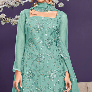 Mint Green Sequins Embroidered Netted Sharara Suit