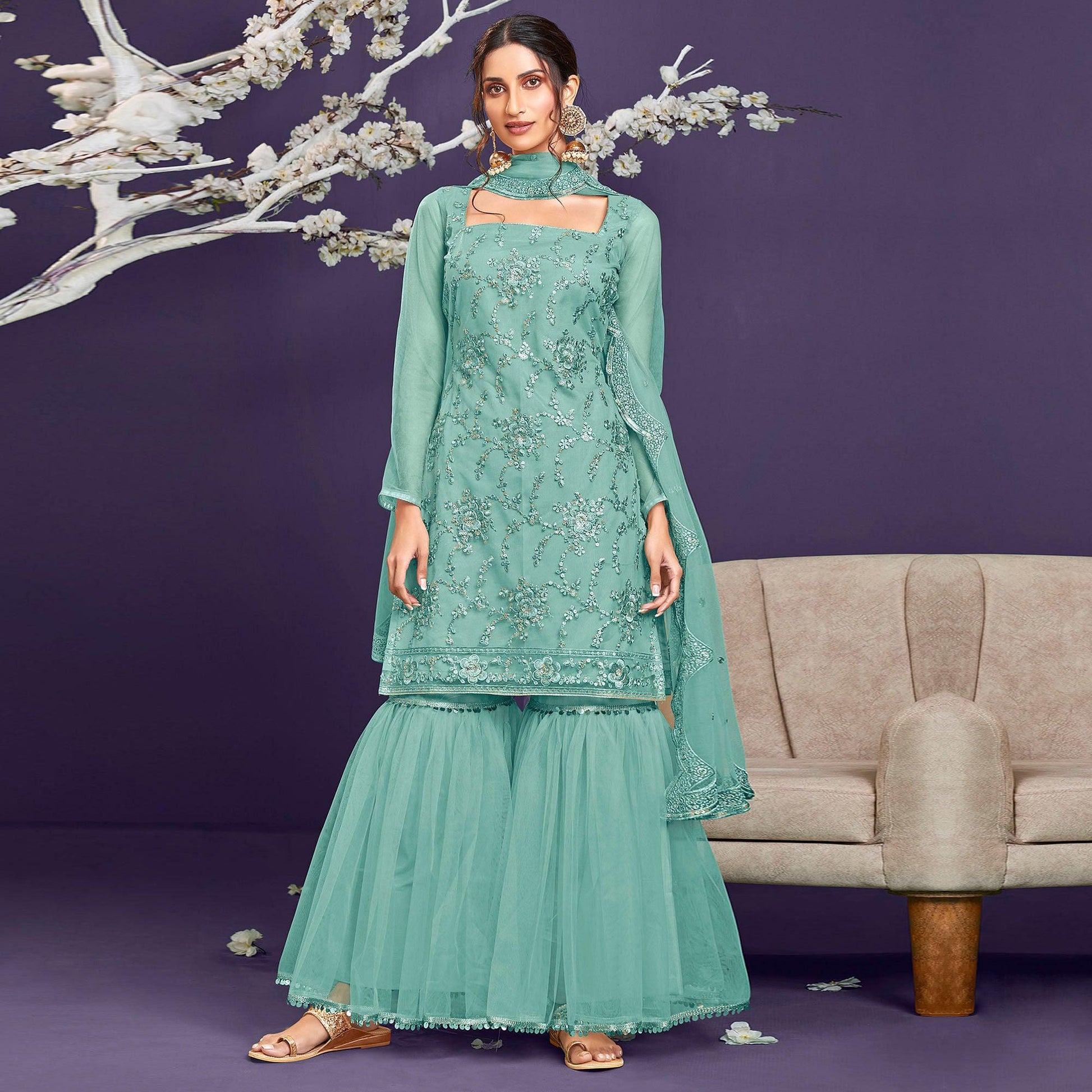 Mint Green Sequins Embroidered Netted Sharara Suit
