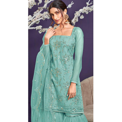 Mint Green Sequins Embroidered Netted Sharara Suit