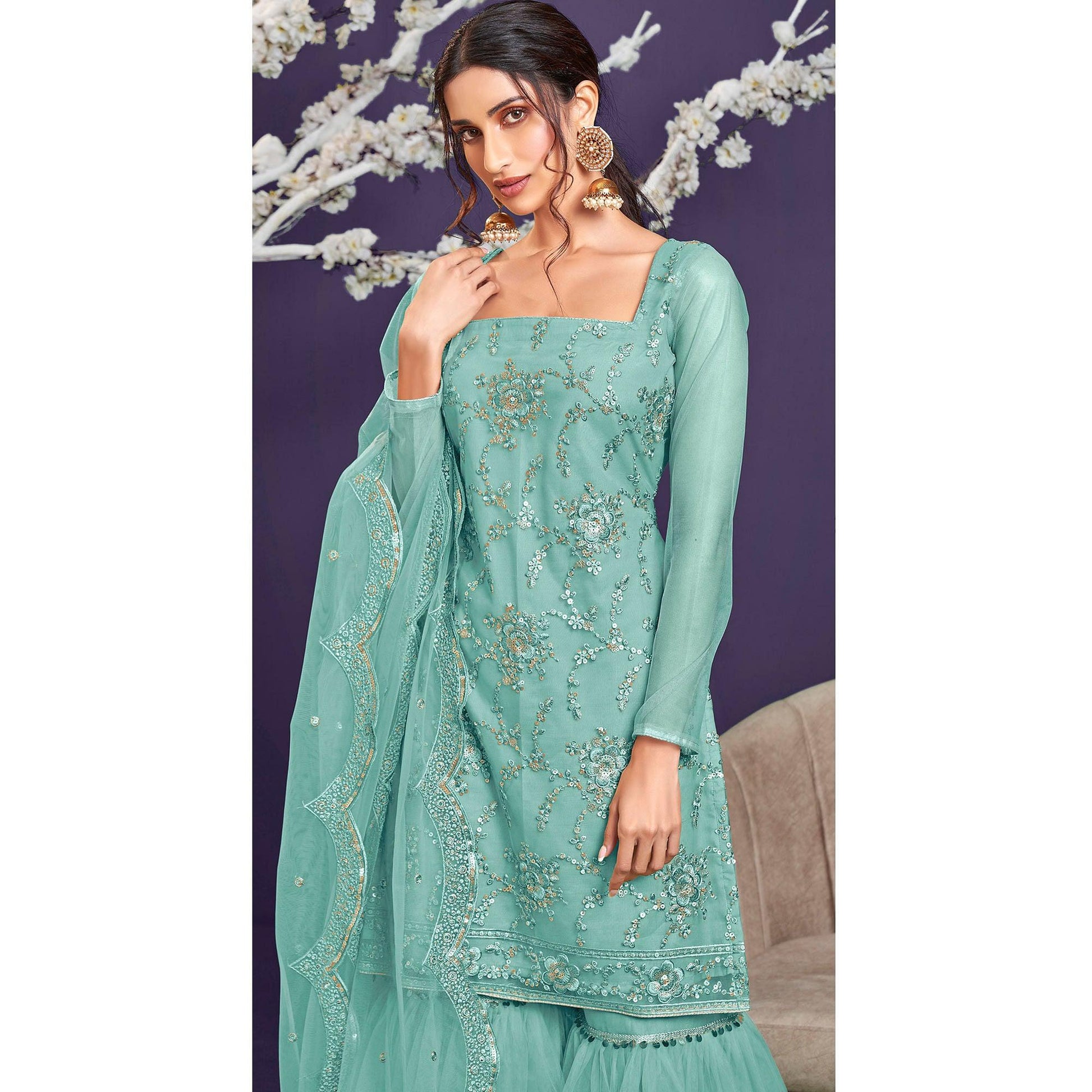 Mint Green Sequins Embroidered Netted Sharara Suit