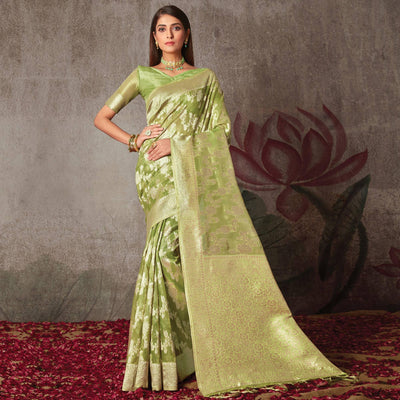 Mint Green Woven Art Silk Saree With Tassels