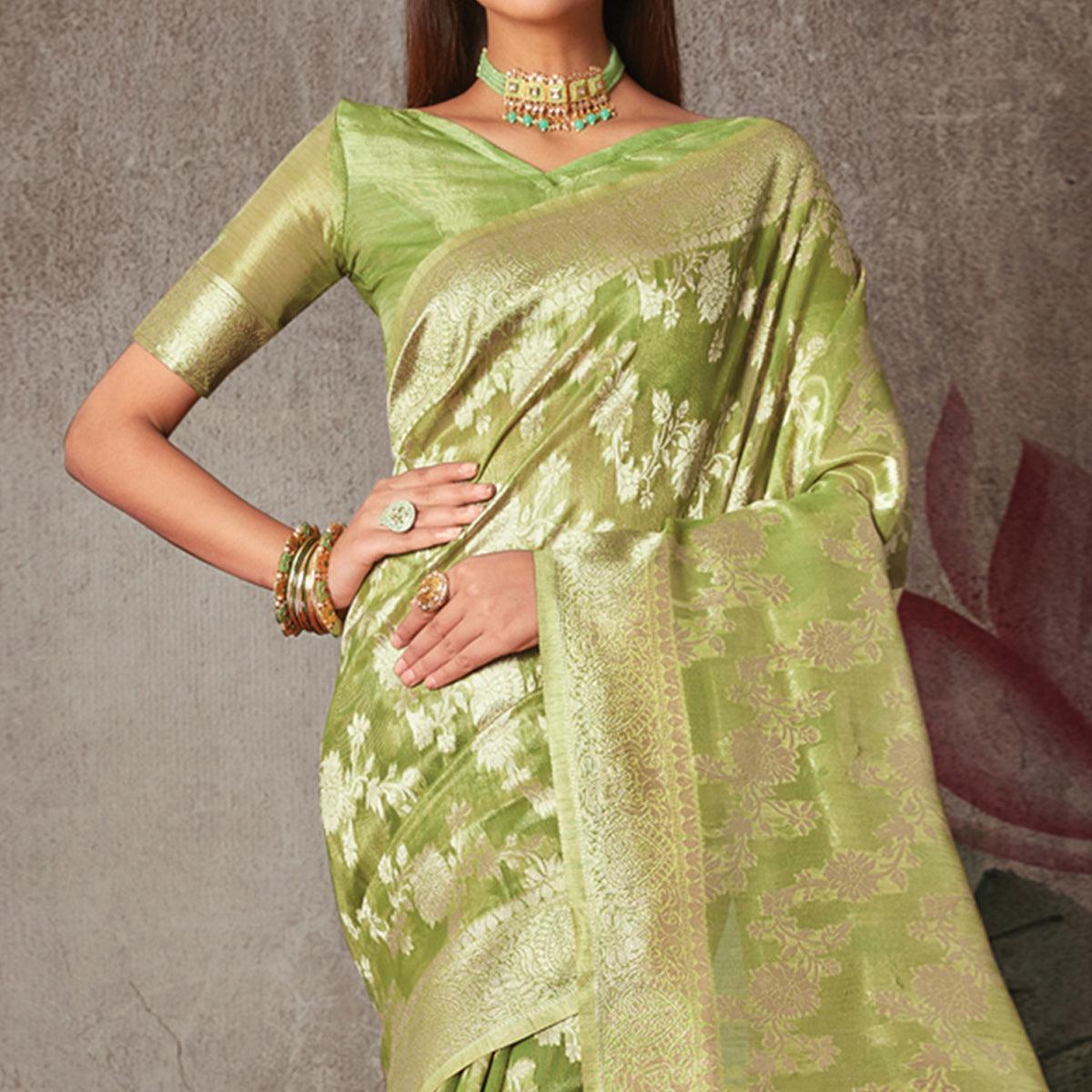 Mint Green Woven Art Silk Saree With Tassels