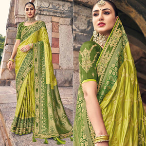 Mint Green Woven Banarasi Silk Saree With Tassels