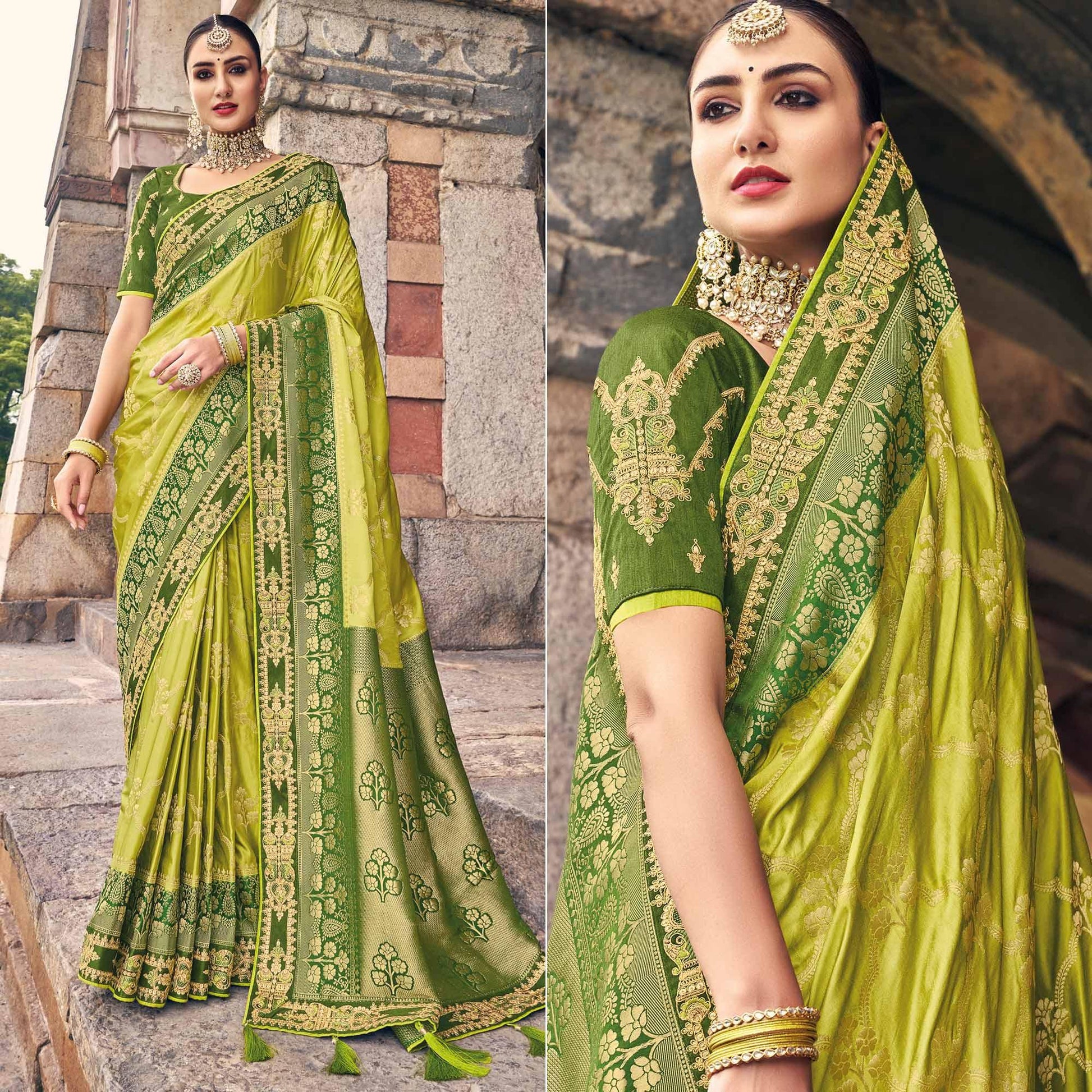 Mint Green Woven Banarasi Silk Saree With Tassels