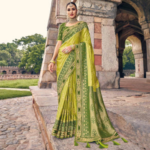 Mint Green Woven Banarasi Silk Saree With Tassels