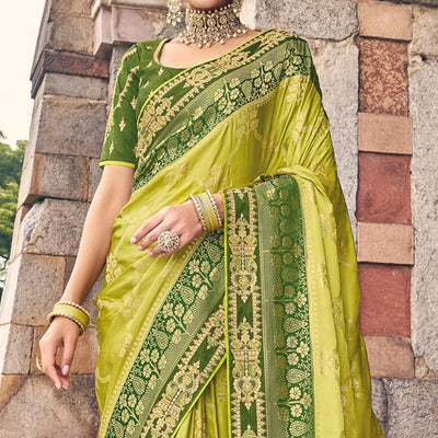Mint Green Woven Banarasi Silk Saree With Tassels