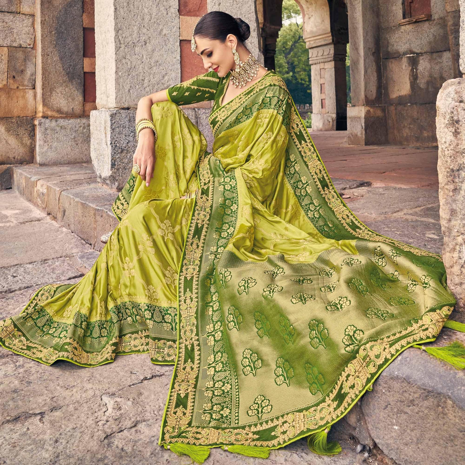 Mint Green Woven Banarasi Silk Saree With Tassels