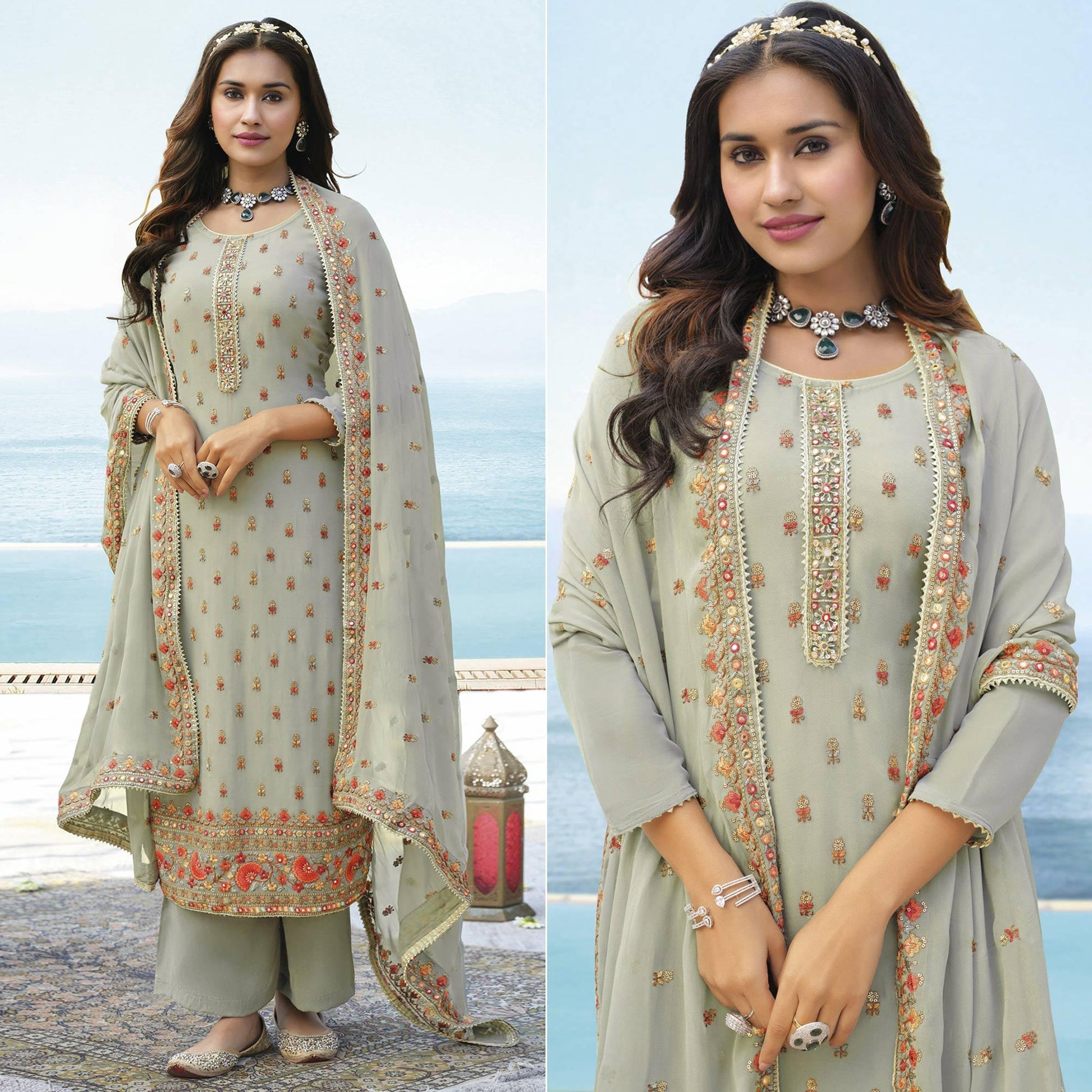 Mint Light Green Embroidered Georgette Palazzo Suit