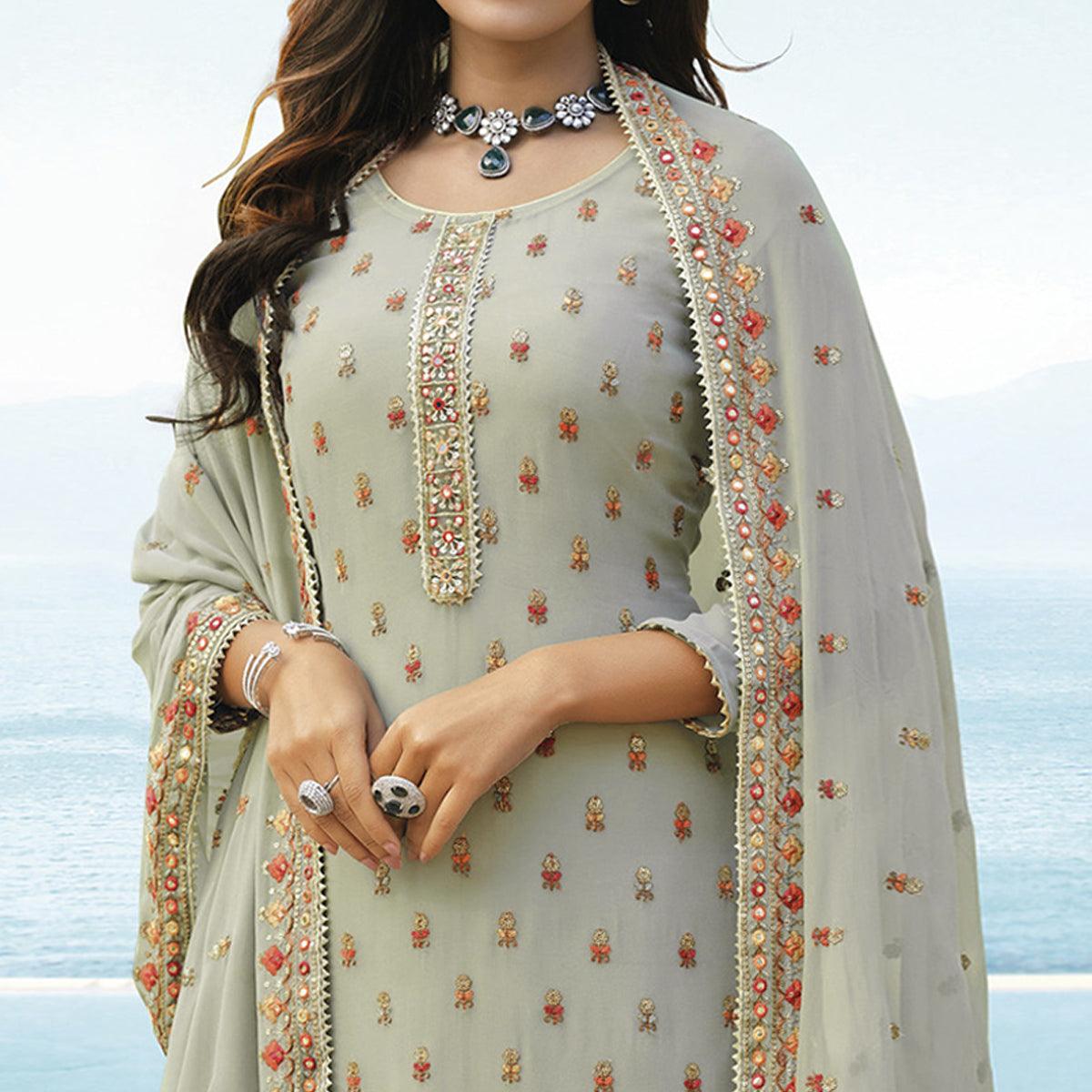 Mint Light Green Embroidered Georgette Palazzo Suit