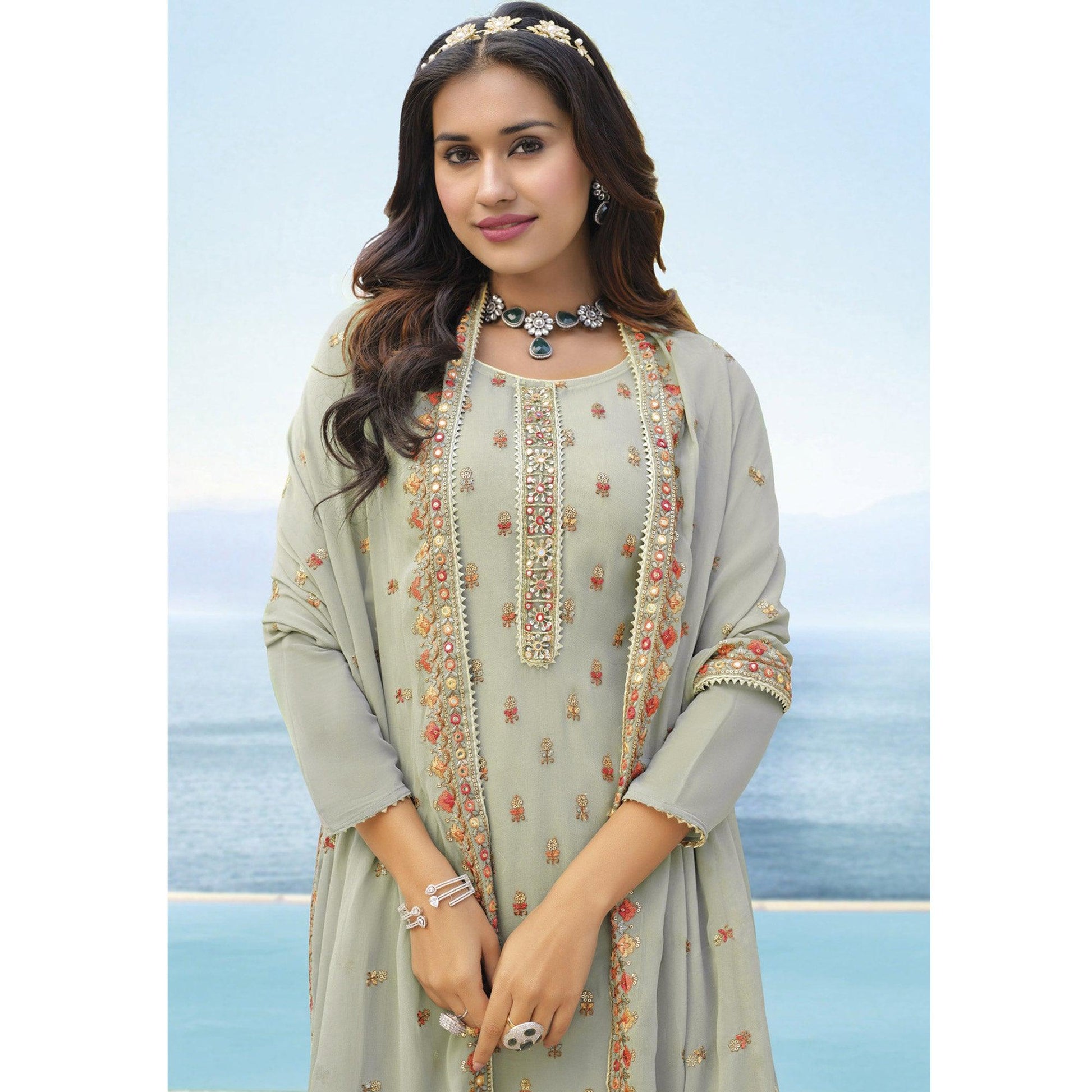 Mint Light Green Embroidered Georgette Palazzo Suit