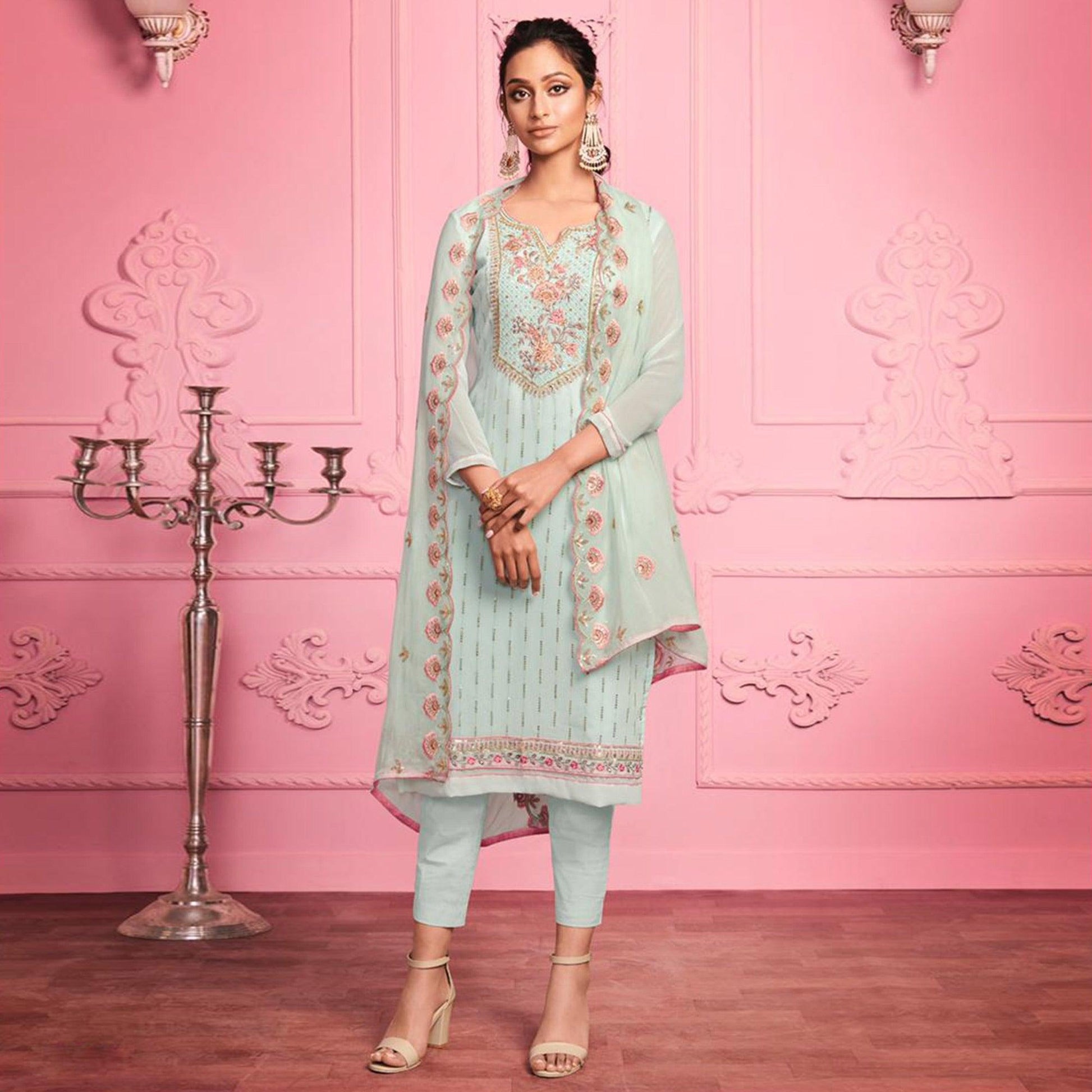 Misty Teal Partywear Thread & Zari Floral Embroidery Alizeh Georgette Suit