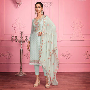 Misty Teal Partywear Thread & Zari Floral Embroidery Alizeh Georgette Suit