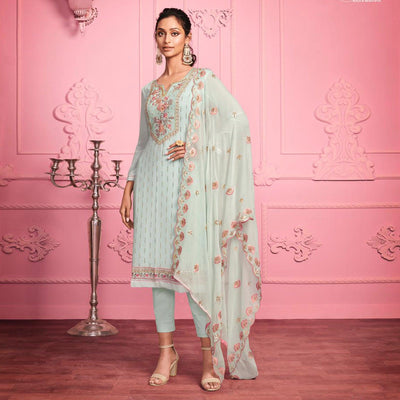 Misty Teal Partywear Thread & Zari Floral Embroidery Alizeh Georgette Suit