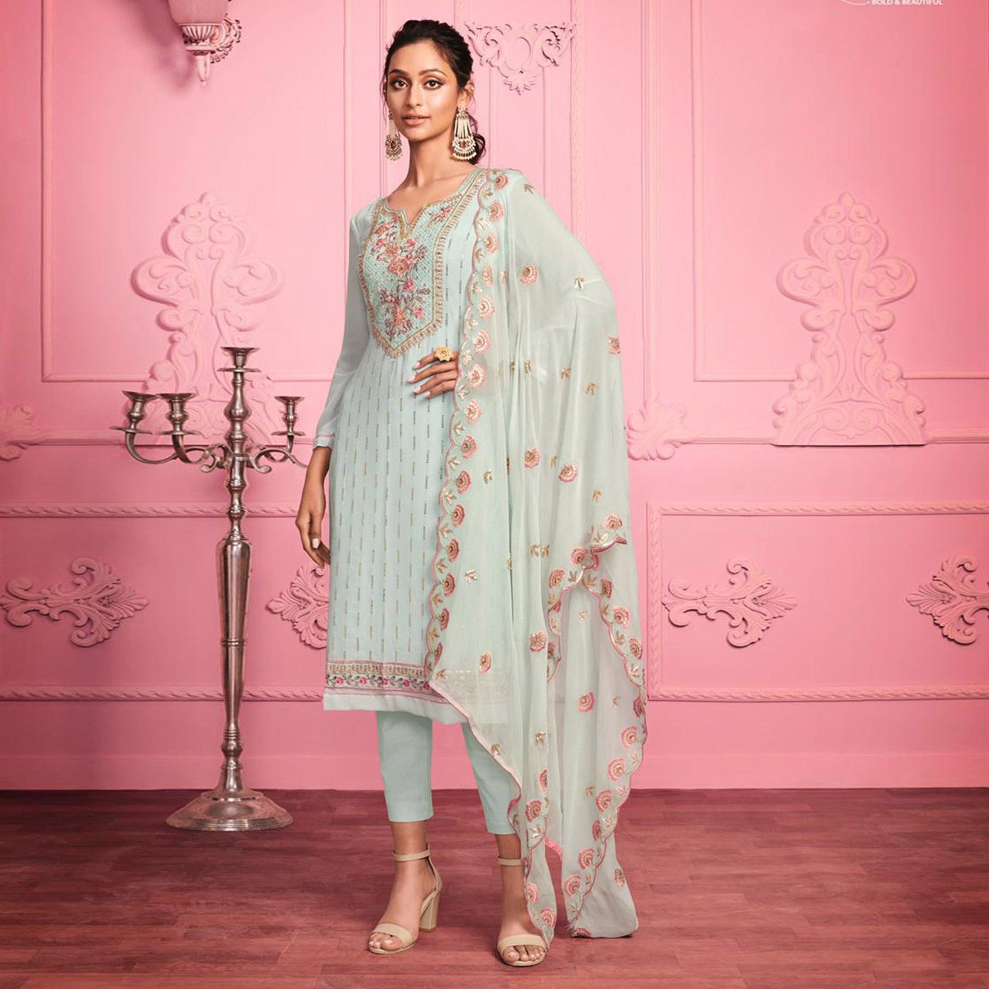 Misty Teal Partywear Thread & Zari Floral Embroidery Alizeh Georgette Suit