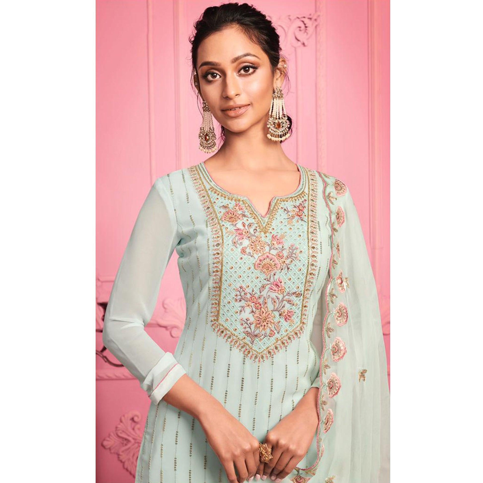 Misty Teal Partywear Thread & Zari Floral Embroidery Alizeh Georgette Suit