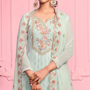 Misty Teal Partywear Thread & Zari Floral Embroidery Alizeh Georgette Suit