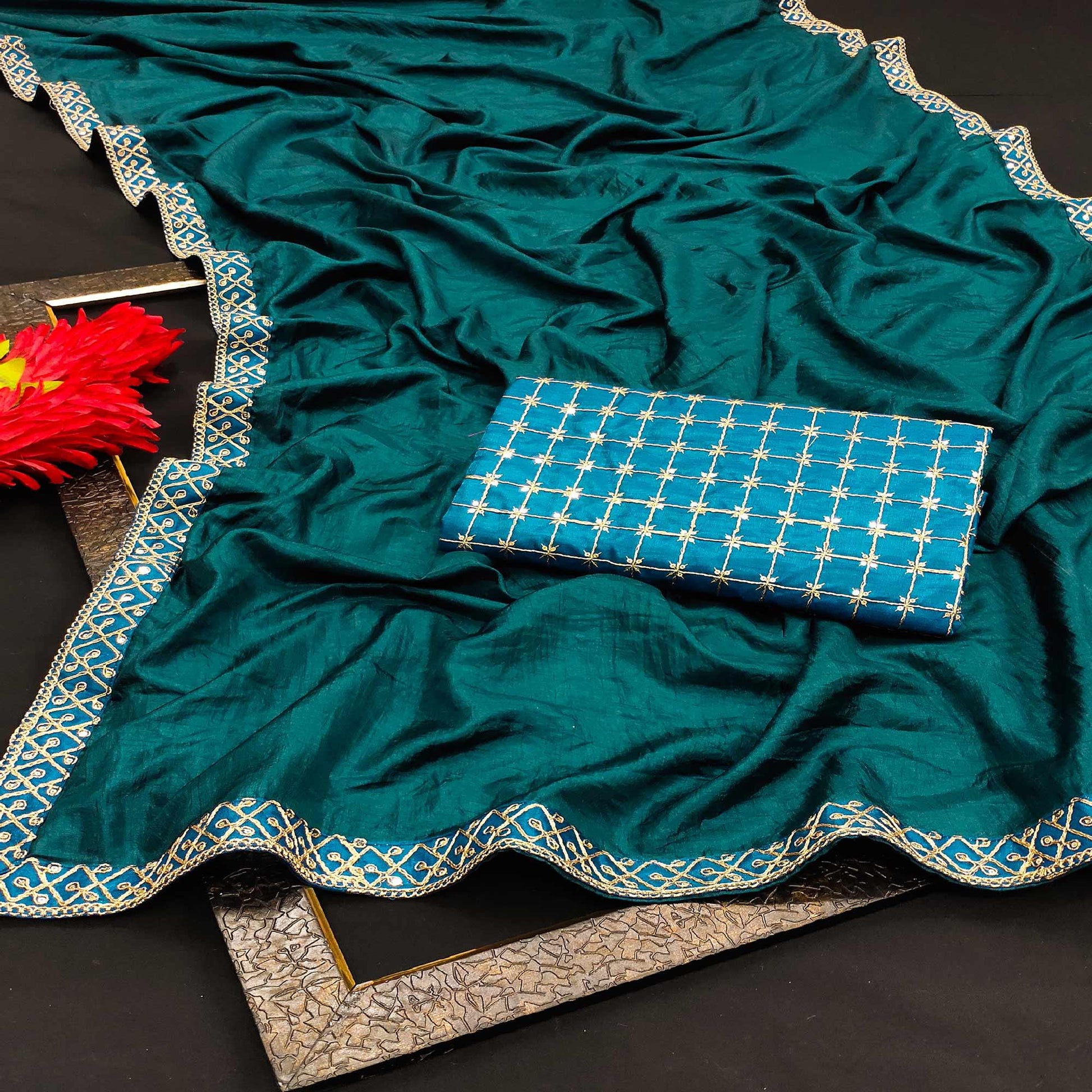 More Peach Partywear Coding Lace Border Dola Silk Saree