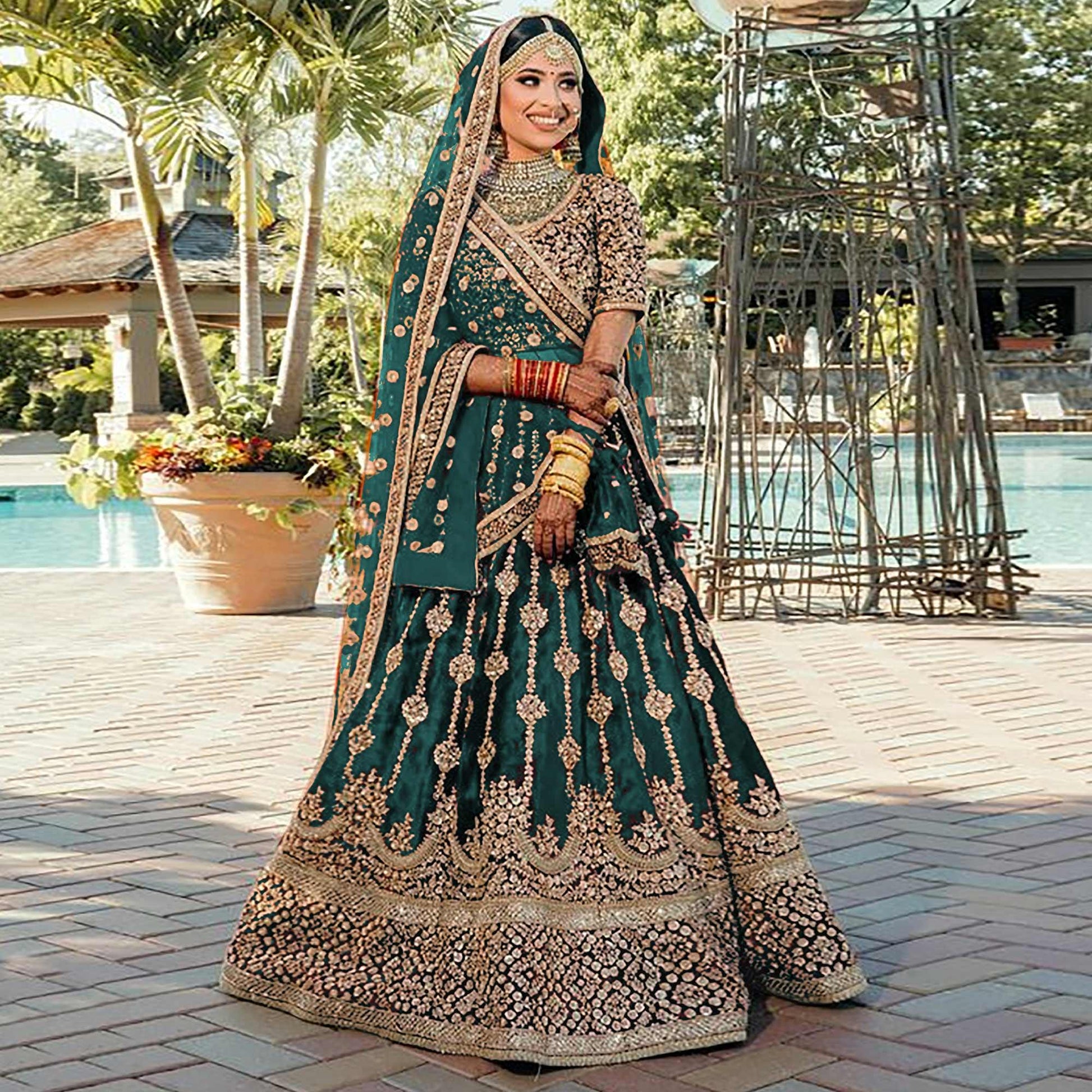 More Peach Wedding Wear Embroidered With Embellished Velvet Lehenga Choli