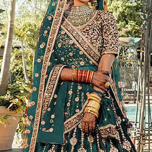 More Peach Wedding Wear Embroidered With Embellished Velvet Lehenga Choli