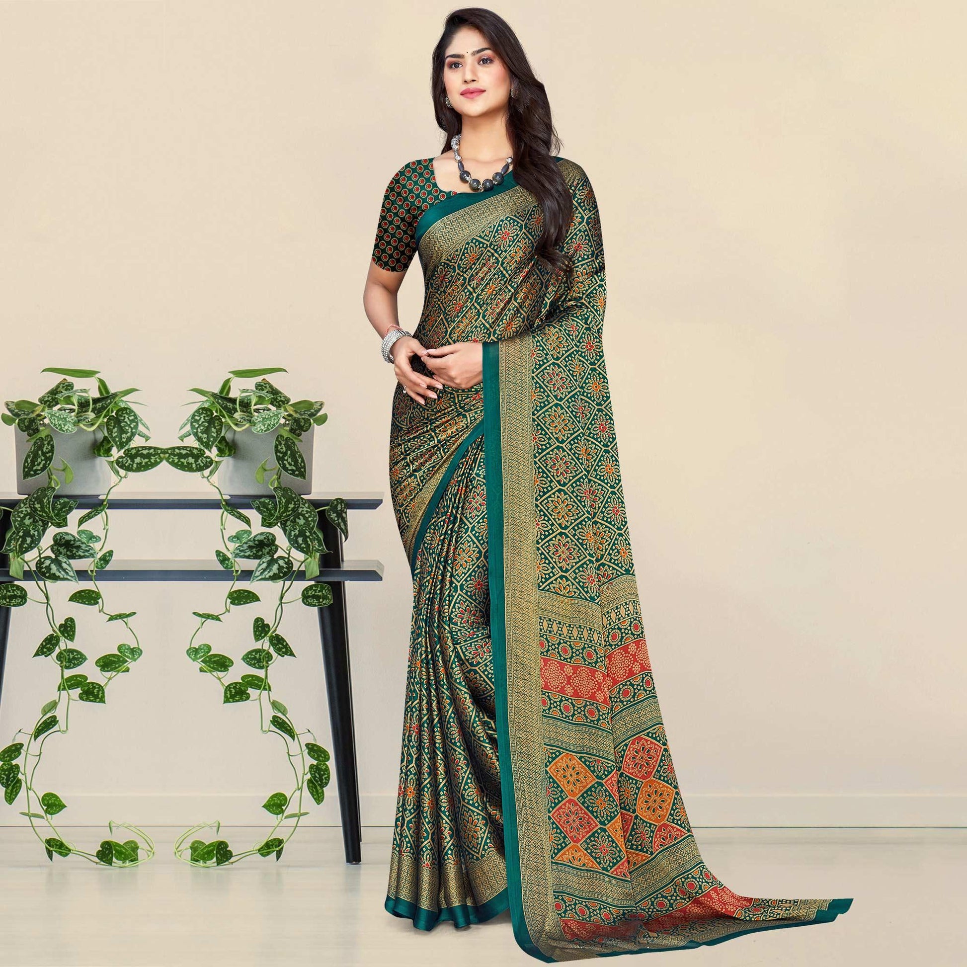 Morpich Bandhani Printed Chiffon Saree