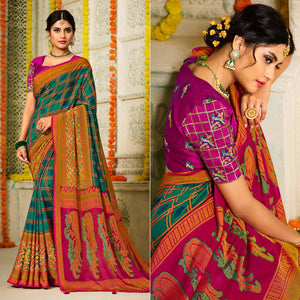 Morpich Checks Printed Brasso Saree With Tassels