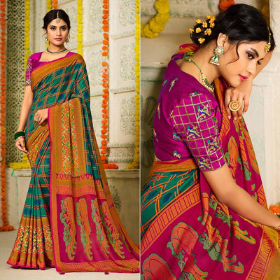 Morpich Checks Printed Brasso Saree With Tassels