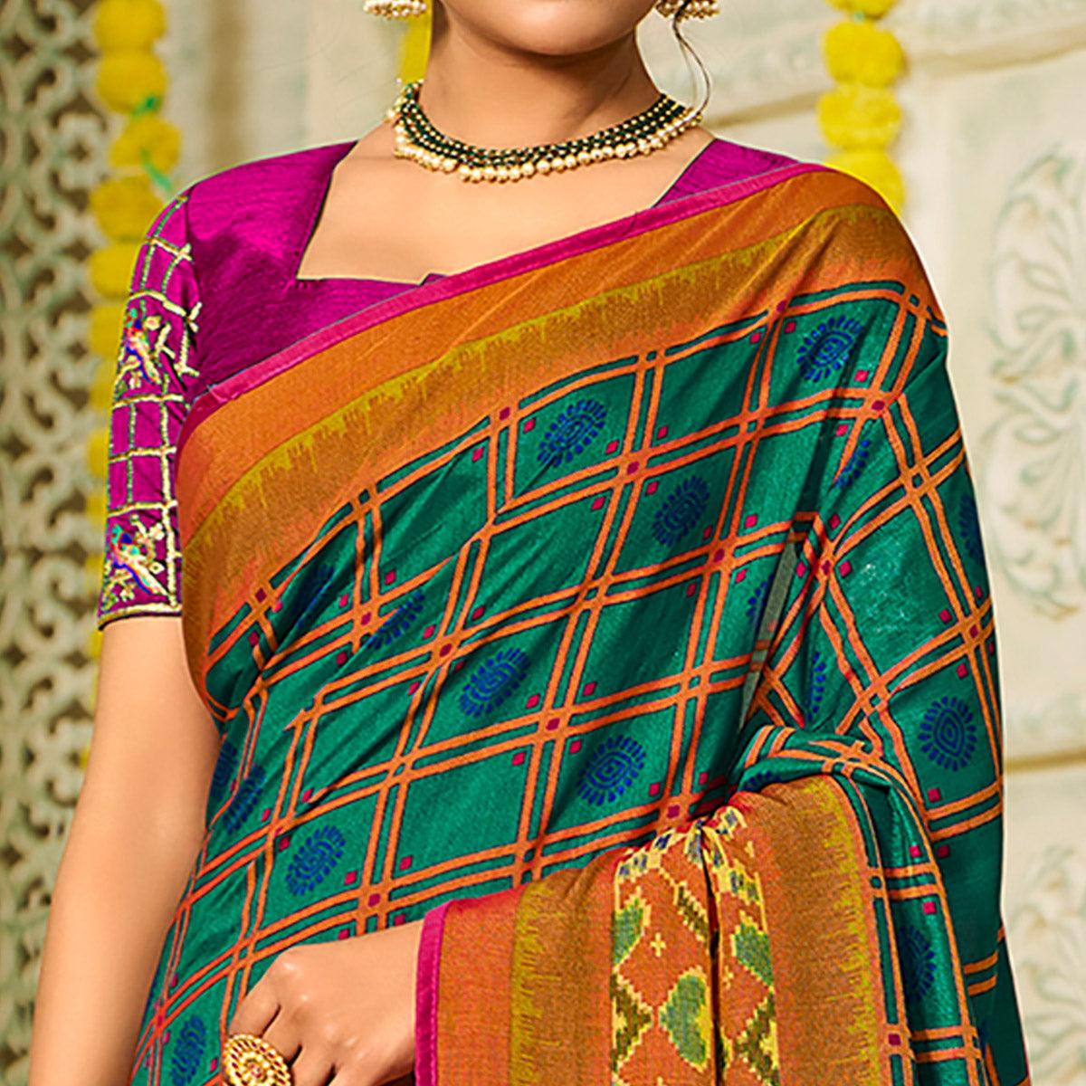 Morpich Checks Printed Brasso Saree With Tassels