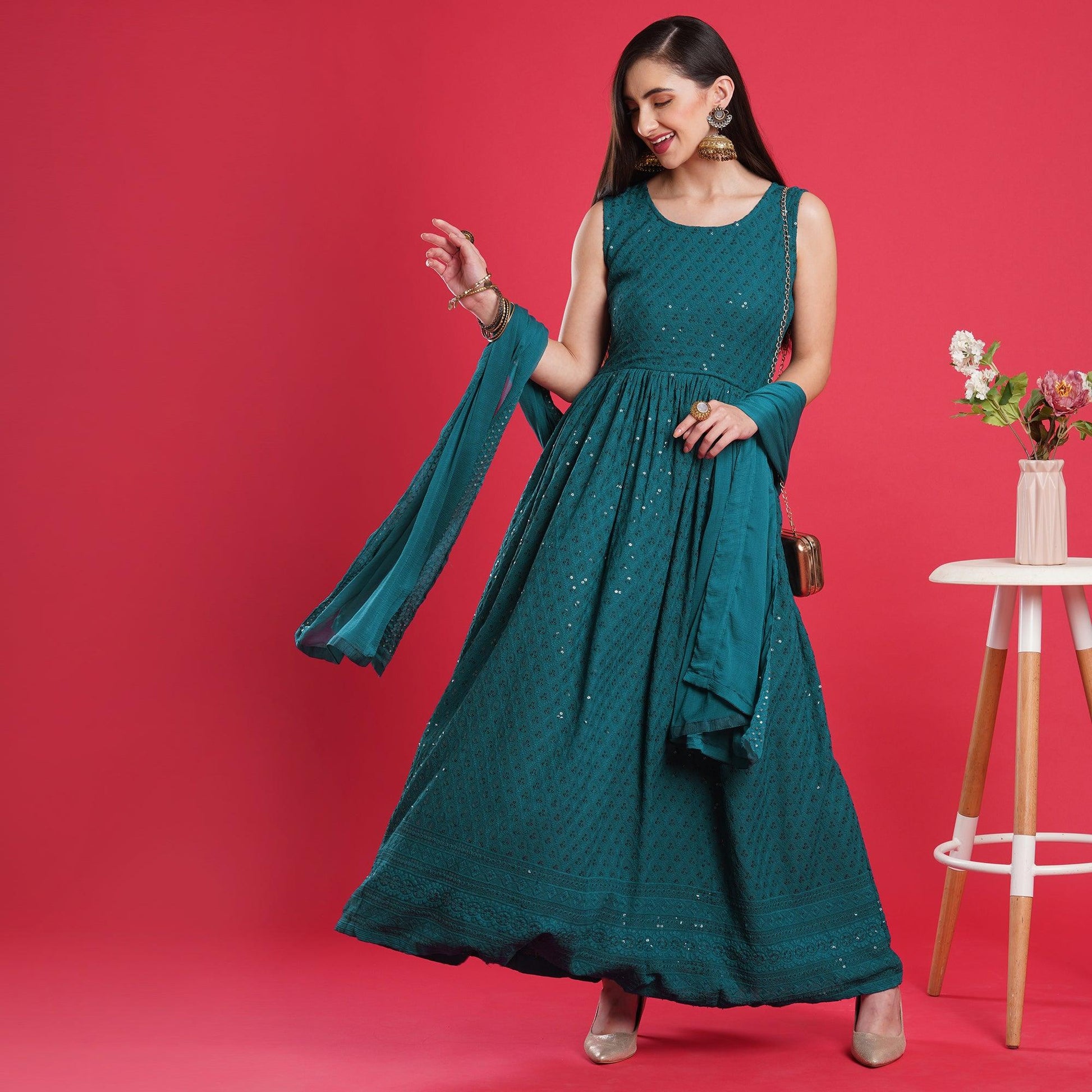 Morpich Chikankari Rayon Anarkali Style Gown