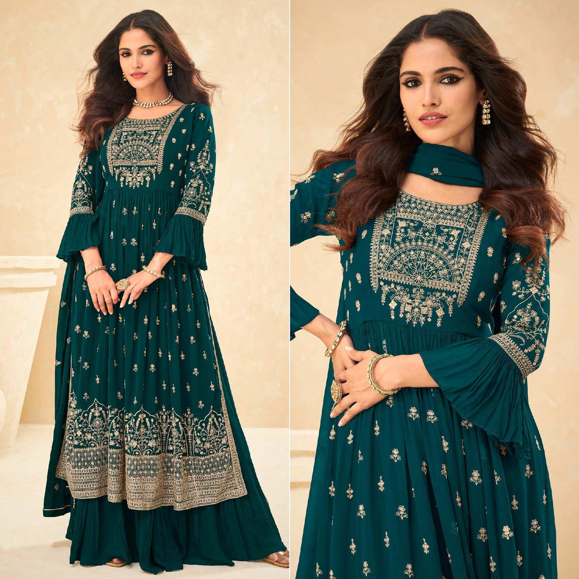 Morpich Embellished With Embroidered Georgette Palazzo Suit
