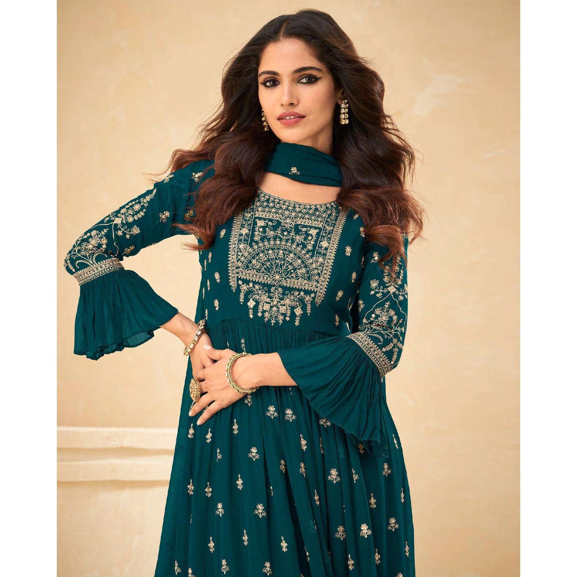 Morpich Embellished With Embroidered Georgette Palazzo Suit