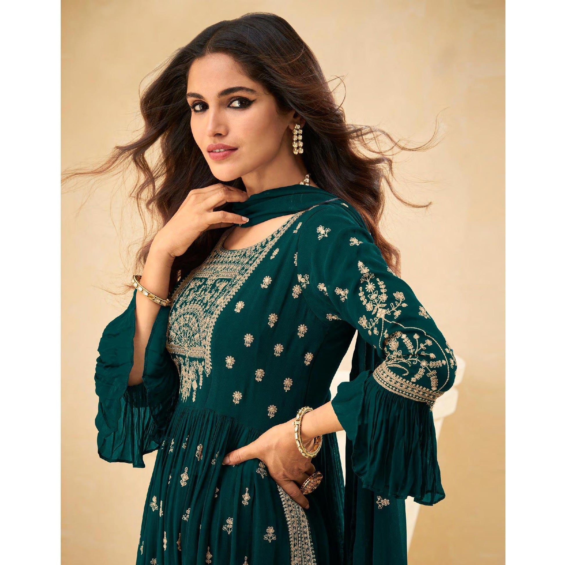 Morpich Embellished With Embroidered Georgette Palazzo Suit