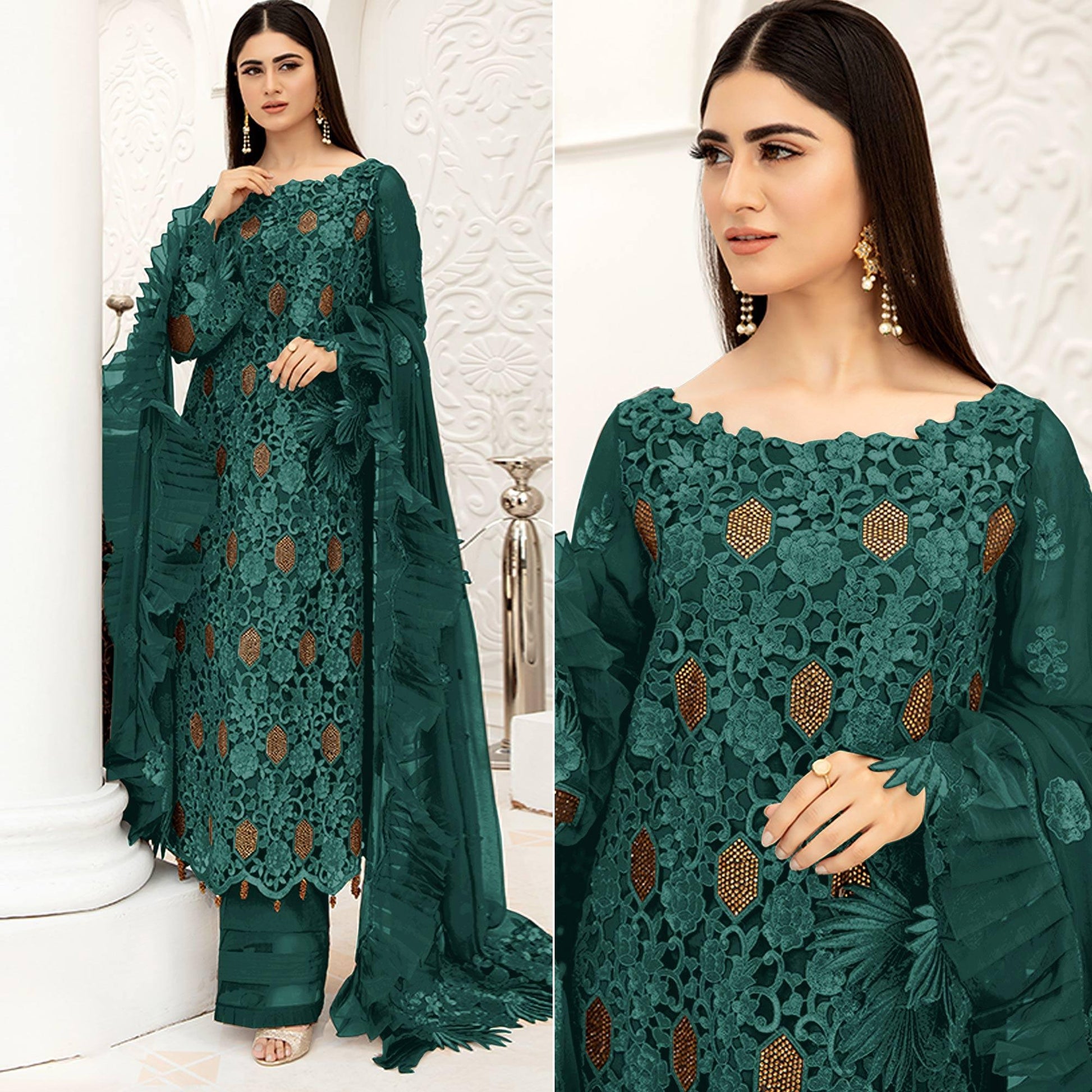 Morpich Embellished With Embroidered Net Pakistani Suit