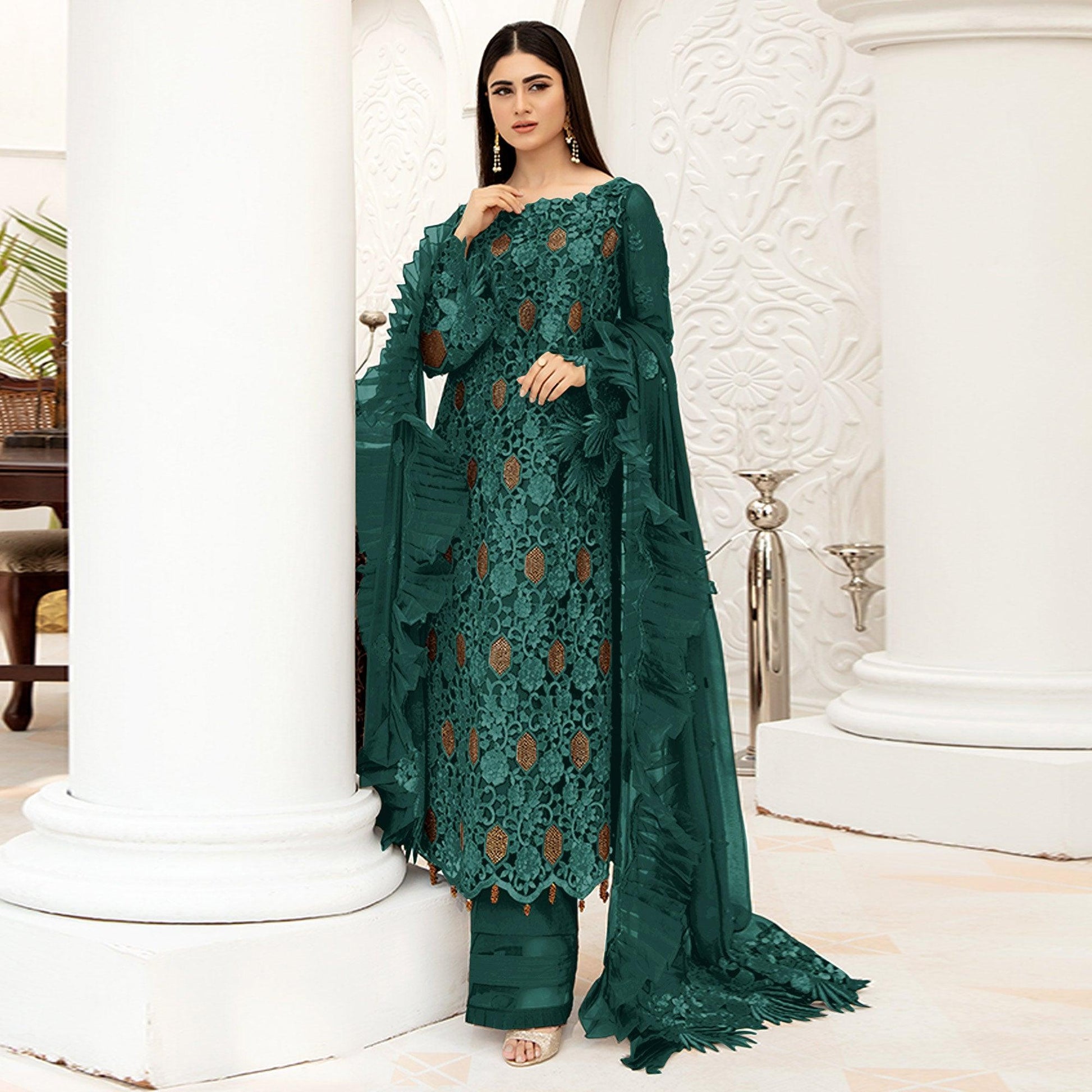 Morpich Embellished With Embroidered Net Pakistani Suit