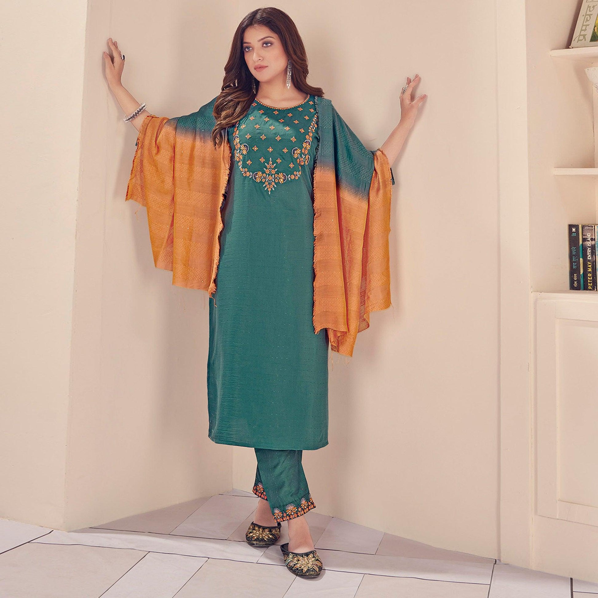 Morpich Embroidered With Embellished Chiffon Kurti Pant Set With Dupatta