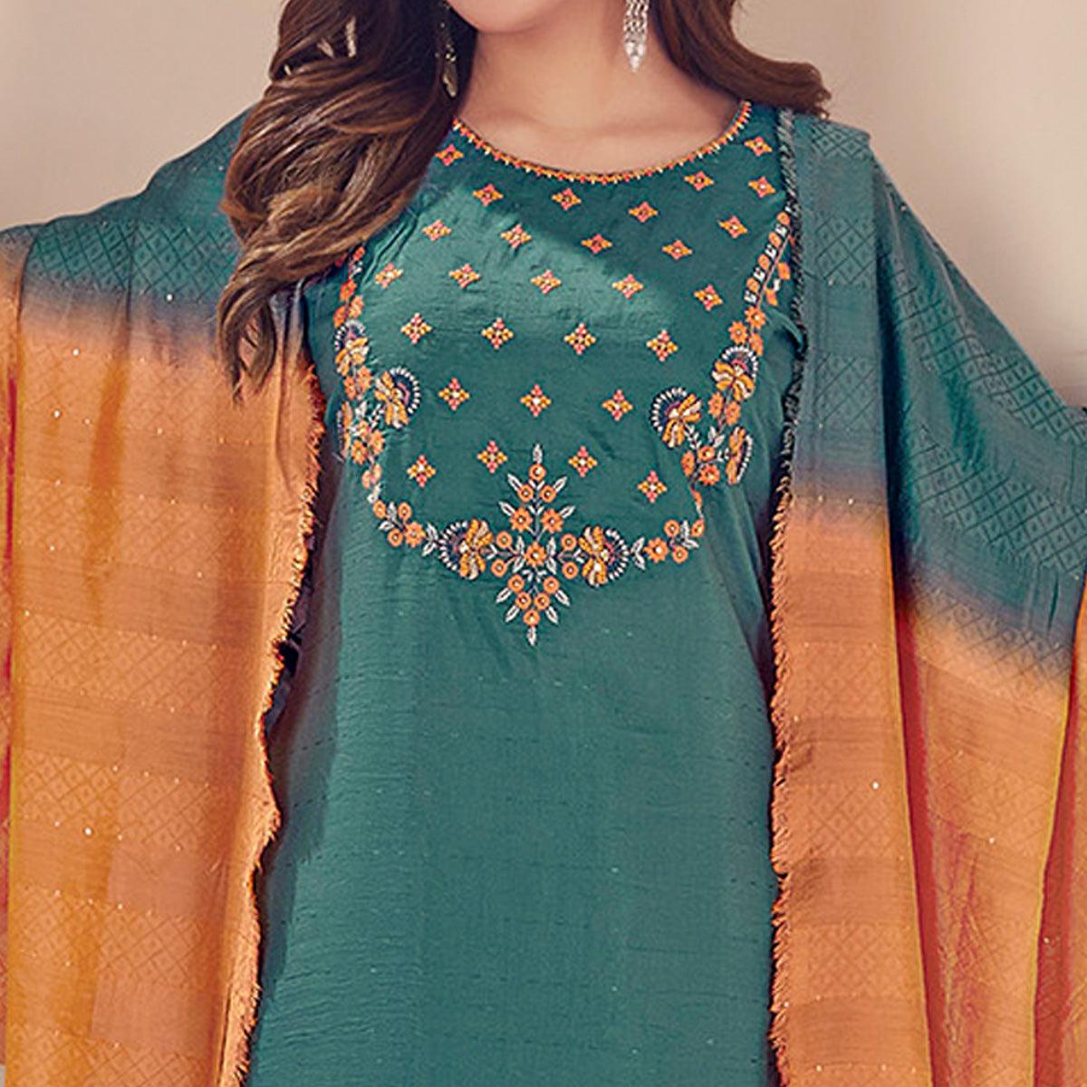 Morpich Embroidered With Embellished Chiffon Kurti Pant Set With Dupatta