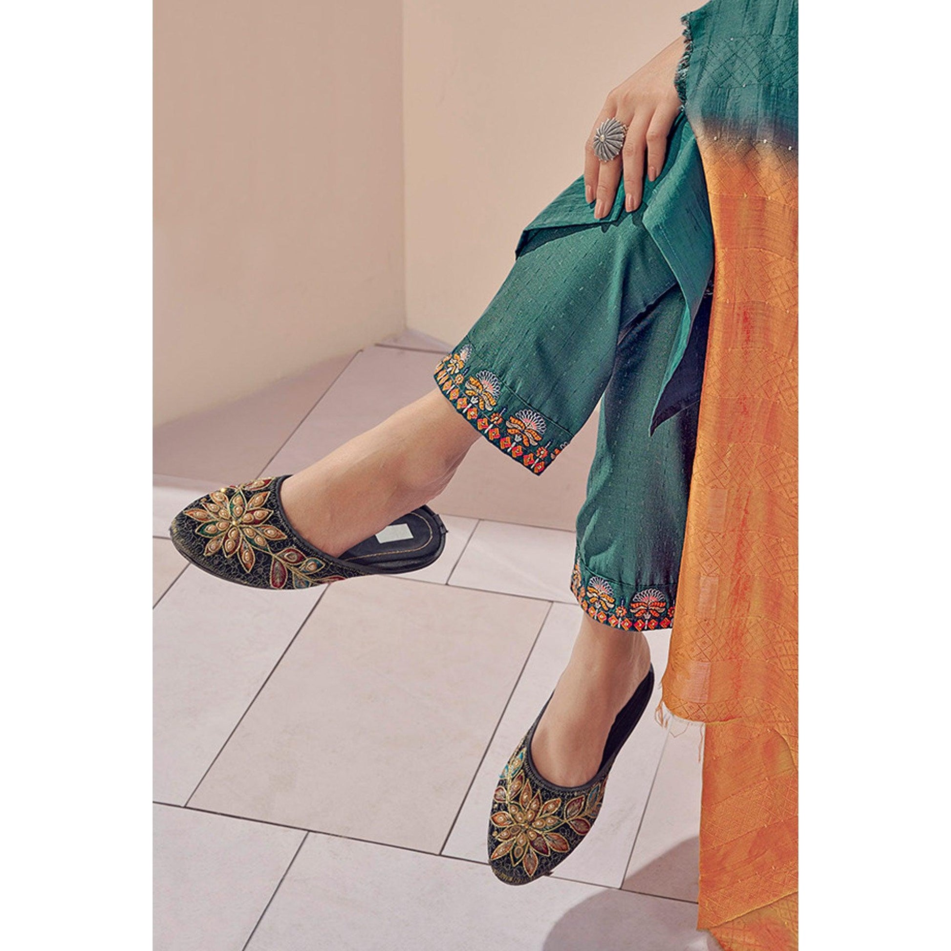 Morpich Embroidered With Embellished Chiffon Kurti Pant Set With Dupatta