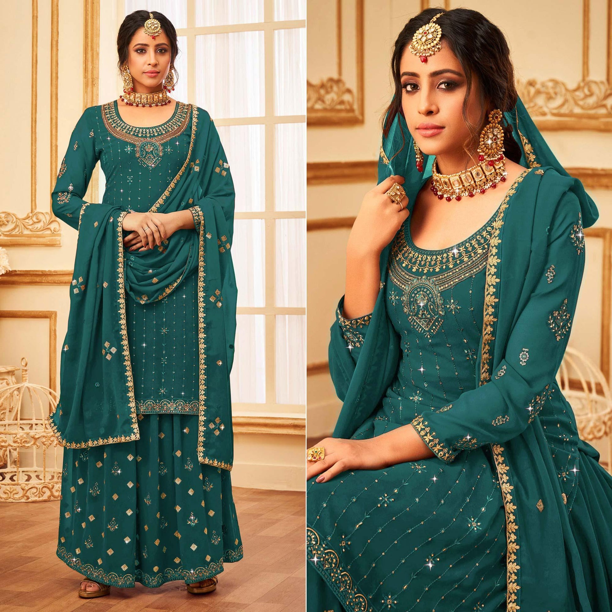 Morpich Embroidered With Embellished Georgette Palazzo Suit